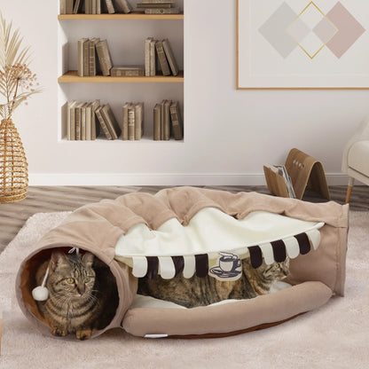 2-In-1 Cat Tunnel Bed, Cat Tube with Collapsible Washable Mat for Indoor Cats, Coffee