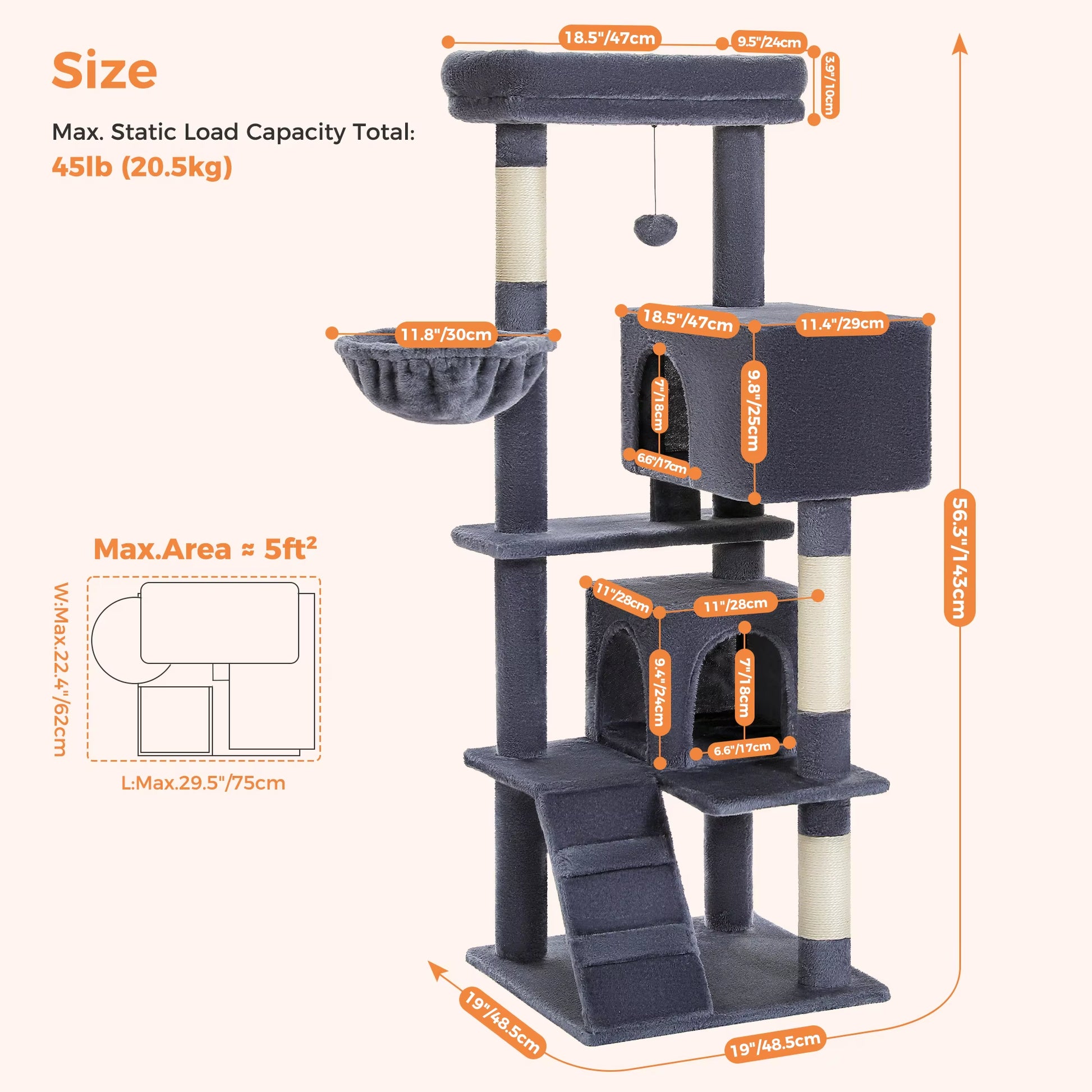 Cat Tree Luxury Cat Towers with Double Condos Spacious Perch Cat Hammock Fully Wrapped Scratching Sisal Post and Dangling Balls