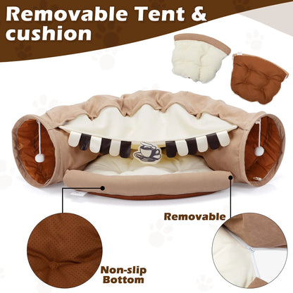 2-In-1 Cat Tunnel Bed, Cat Tube with Collapsible Washable Mat for Indoor Cats, Coffee