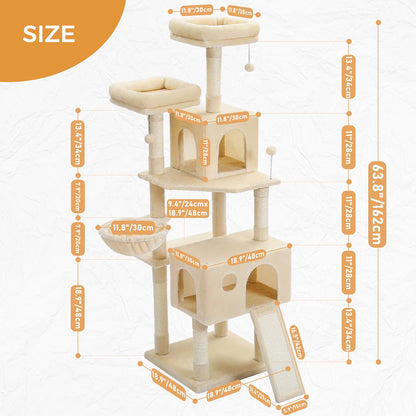 Cat Tree Luxury Cat Towers with Double Condos Spacious Perch Cat Hammock Fully Wrapped Scratching Sisal Post and Dangling Balls