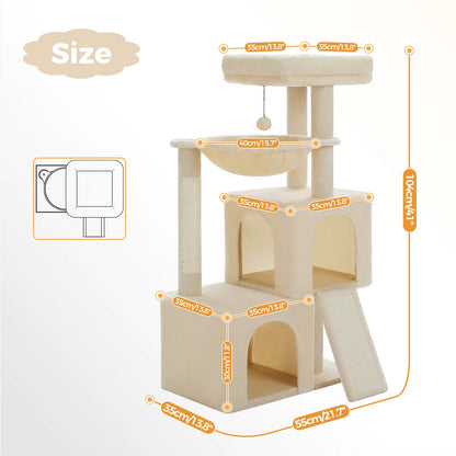 Cat Tree Luxury Cat Towers with Double Condos Spacious Perch Cat Hammock Fully Wrapped Scratching Sisal Post and Dangling Balls