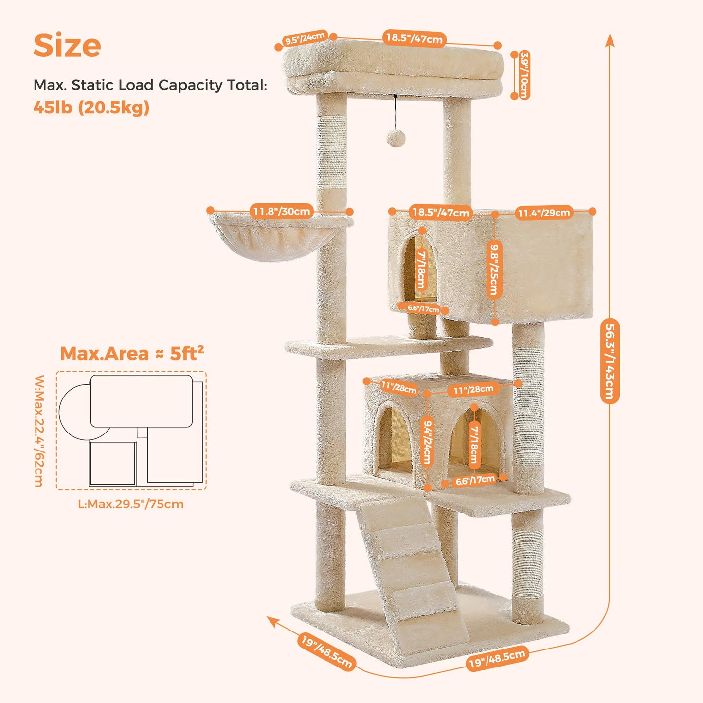 Cat Tree Luxury Cat Towers with Double Condos Spacious Perch Cat Hammock Fully Wrapped Scratching Sisal Post and Dangling Balls